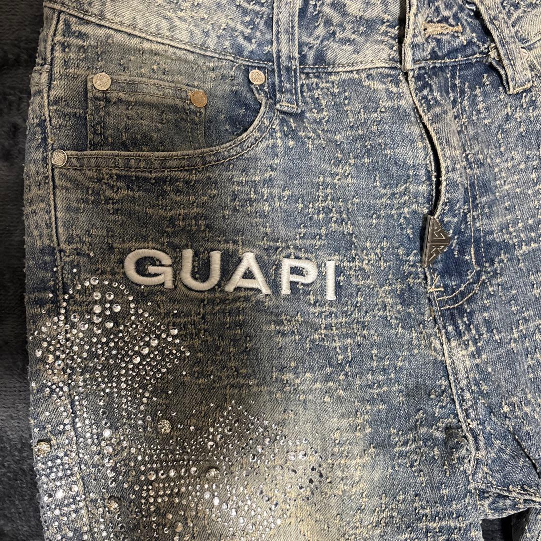 【希少】GUAPIのヴィンテージブルー ディストレスト クロス デニム　W28