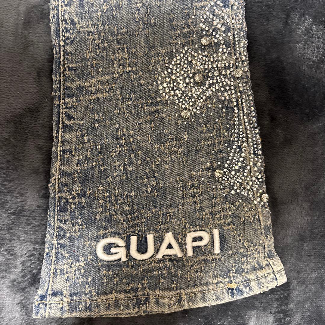 【希少】GUAPIのヴィンテージブルー ディストレスト クロス デニム　W28