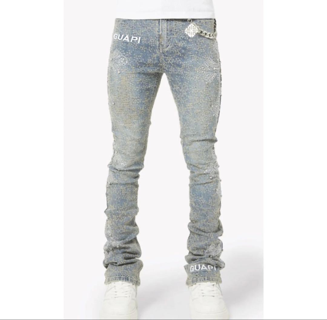 【希少】GUAPIのヴィンテージブルー ディストレスト クロス デニム　W28