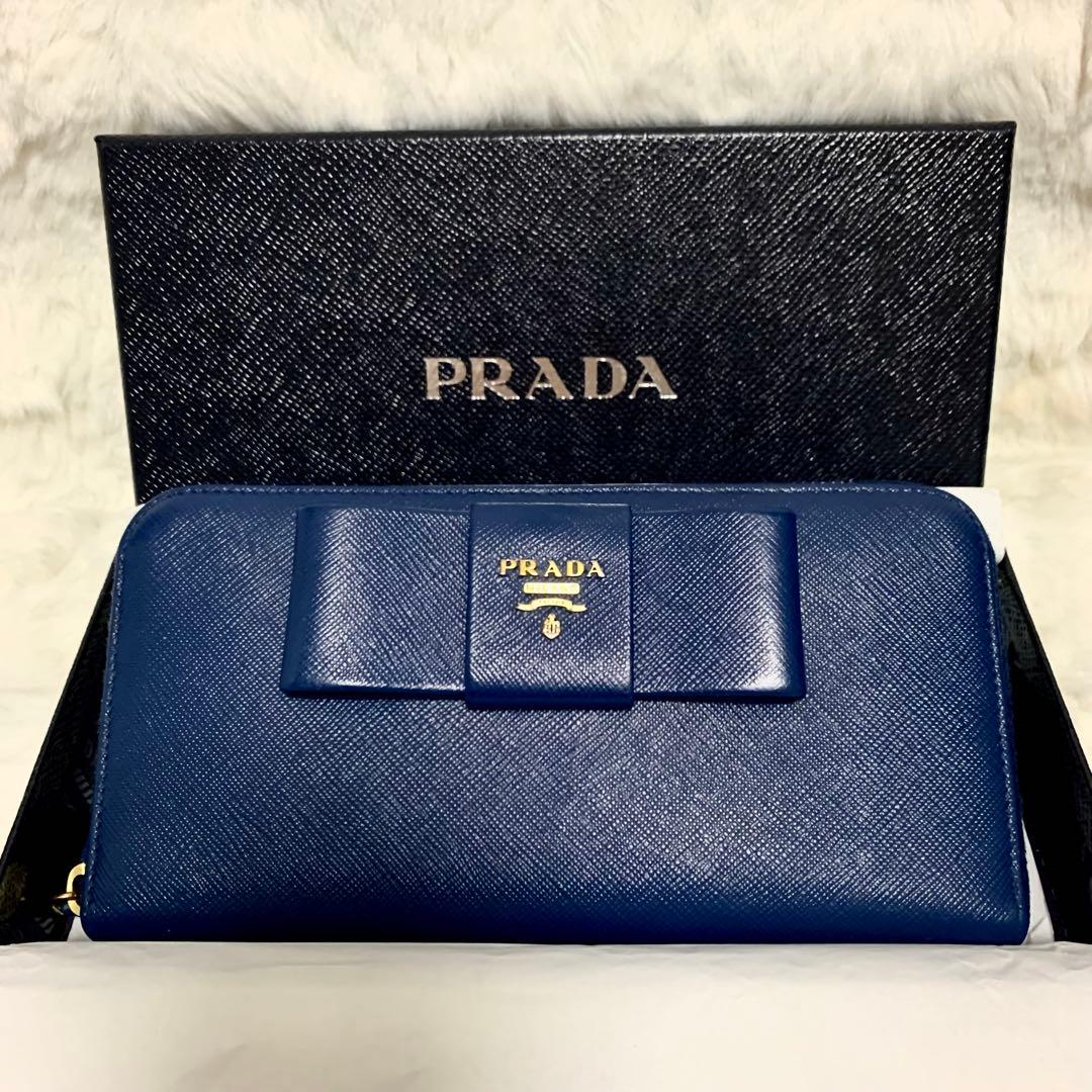美品　PRADA 長財布　サフィアーノ　リボン　ラウンドジップ　ネイビー