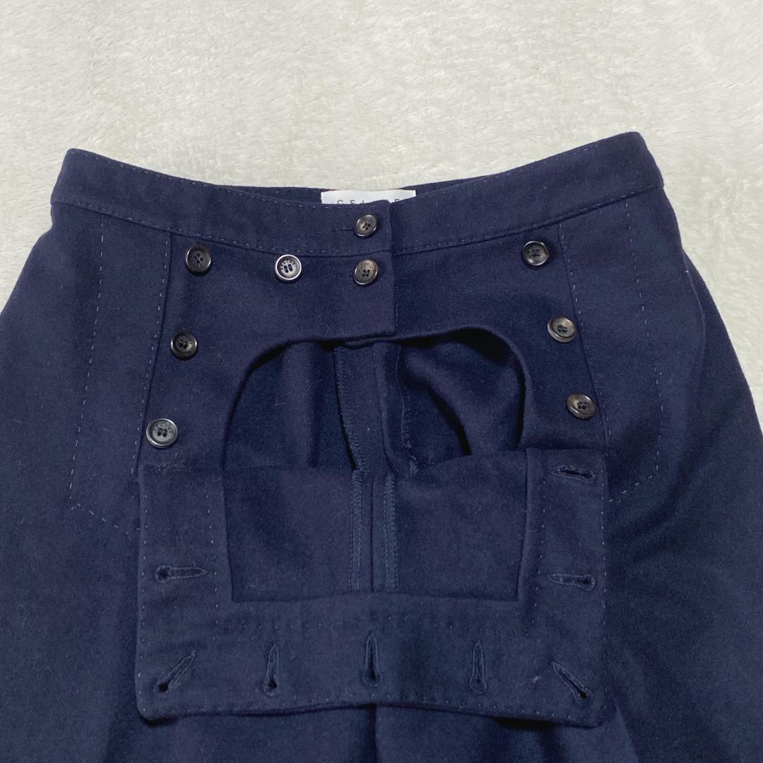 DO0023【セリーヌ】ワイドパンツ【36】カシミヤ混 ボタンオープン ネイビー