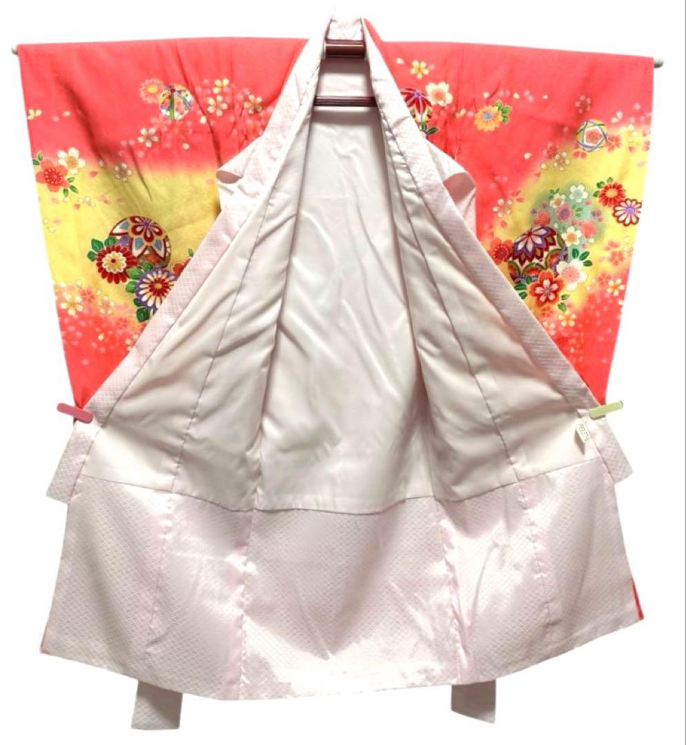 美品　女の子　初着　一つ身着物、襦袢セット　ピンク×パステルイエロー　正絹