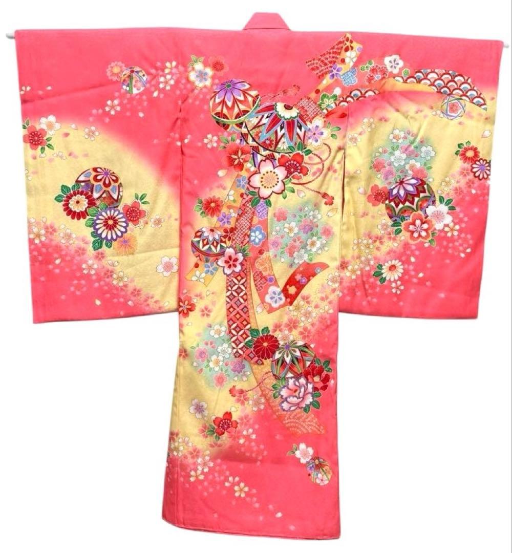 美品　女の子　初着　一つ身着物、襦袢セット　ピンク×パステルイエロー　正絹