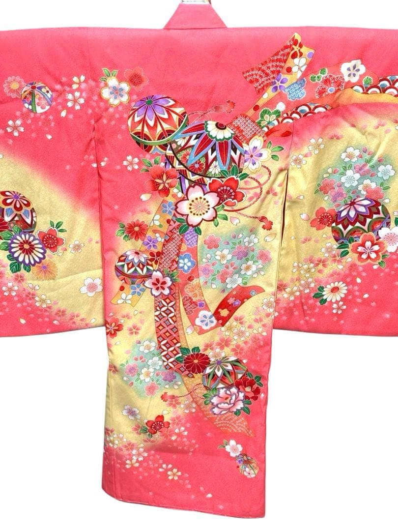 美品　女の子　初着　一つ身着物、襦袢セット　ピンク×パステルイエロー　正絹