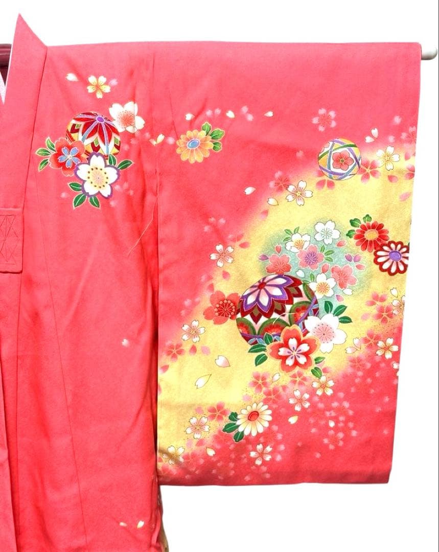 美品　女の子　初着　一つ身着物、襦袢セット　ピンク×パステルイエロー　正絹