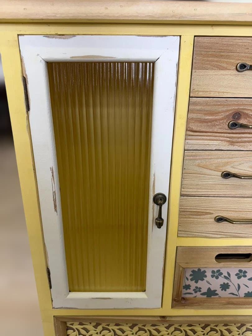 カントリー　キャビネット　リビングボード　レトロ　棚　イエロー　引出　ラック　黄
