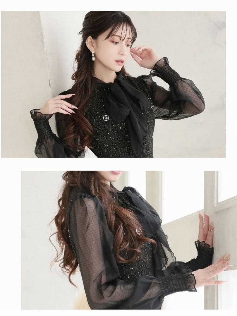 Belsia ボウタイリボンツイードシフォン袖付き膝丈タイトキャバワンピース