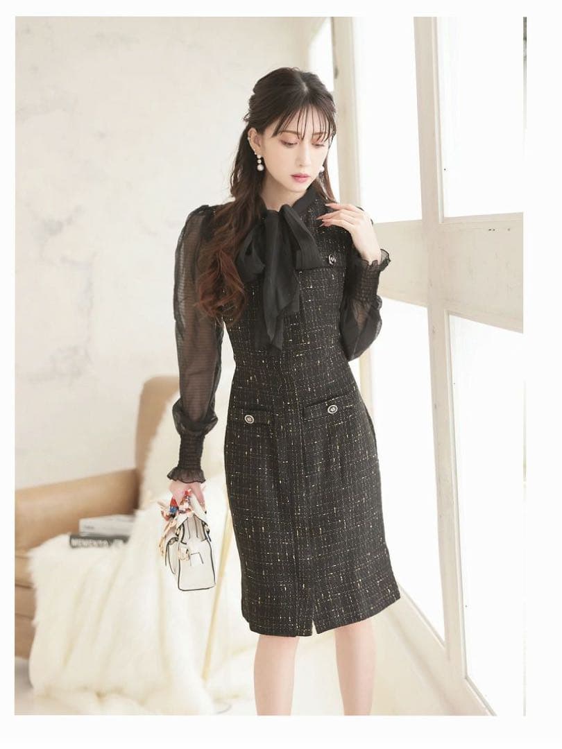 Belsia ボウタイリボンツイードシフォン袖付き膝丈タイトキャバワンピース