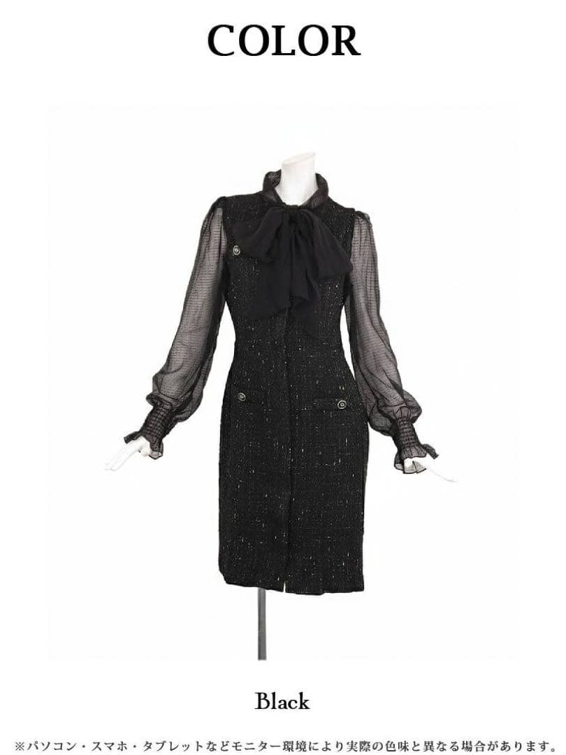 Belsia ボウタイリボンツイードシフォン袖付き膝丈タイトキャバワンピース