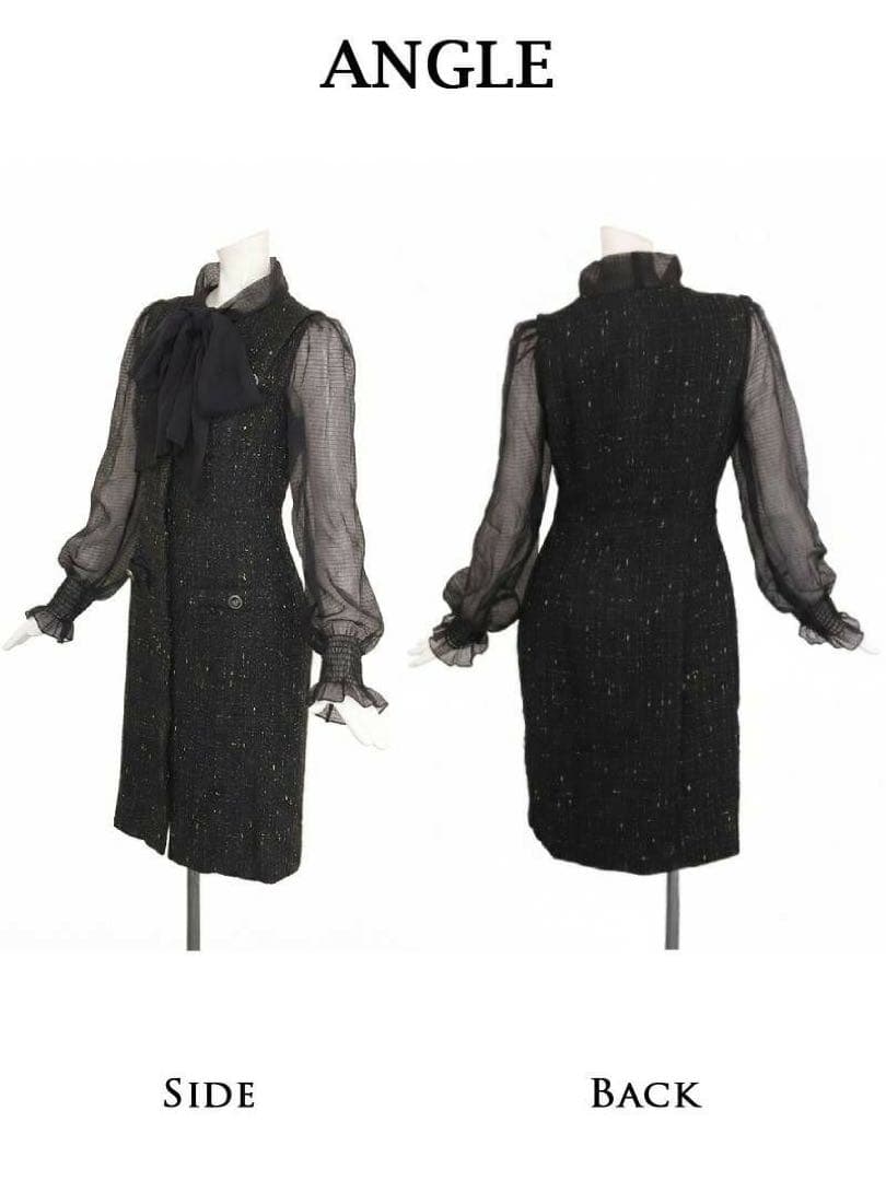 Belsia ボウタイリボンツイードシフォン袖付き膝丈タイトキャバワンピース