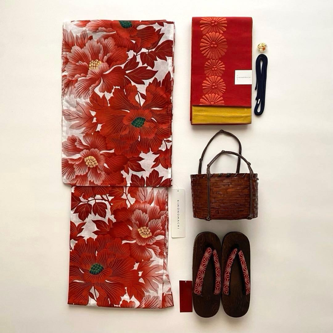 【浴衣6点セット】キモノマチ　浴衣　半幅帯　タグ付　二分紐　帯留め　下駄　バッグ