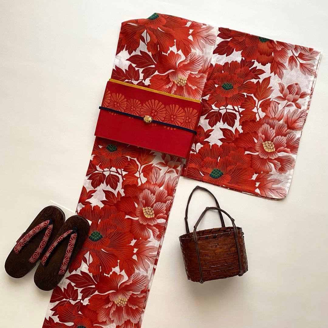 【浴衣6点セット】キモノマチ　浴衣　半幅帯　タグ付　二分紐　帯留め　下駄　バッグ