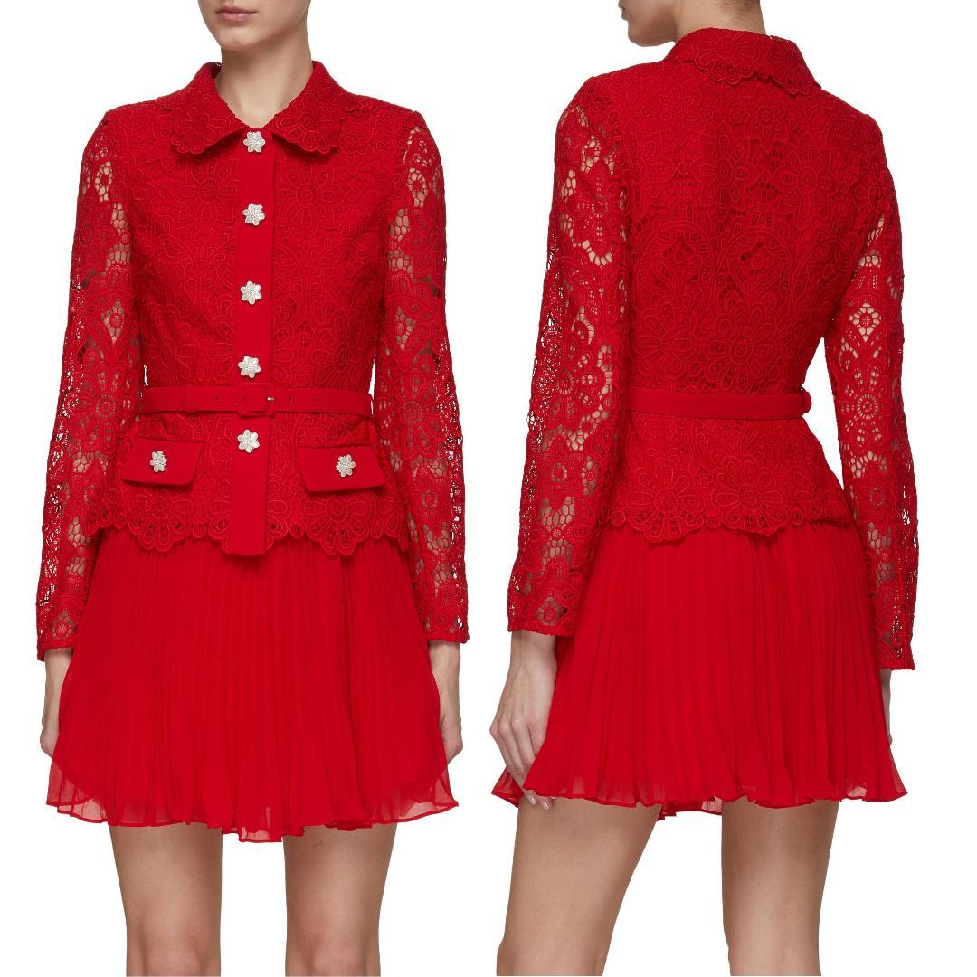 c*t様 セルフポートレイト ワンピース ギピュールレース プリーツ 赤 UK6