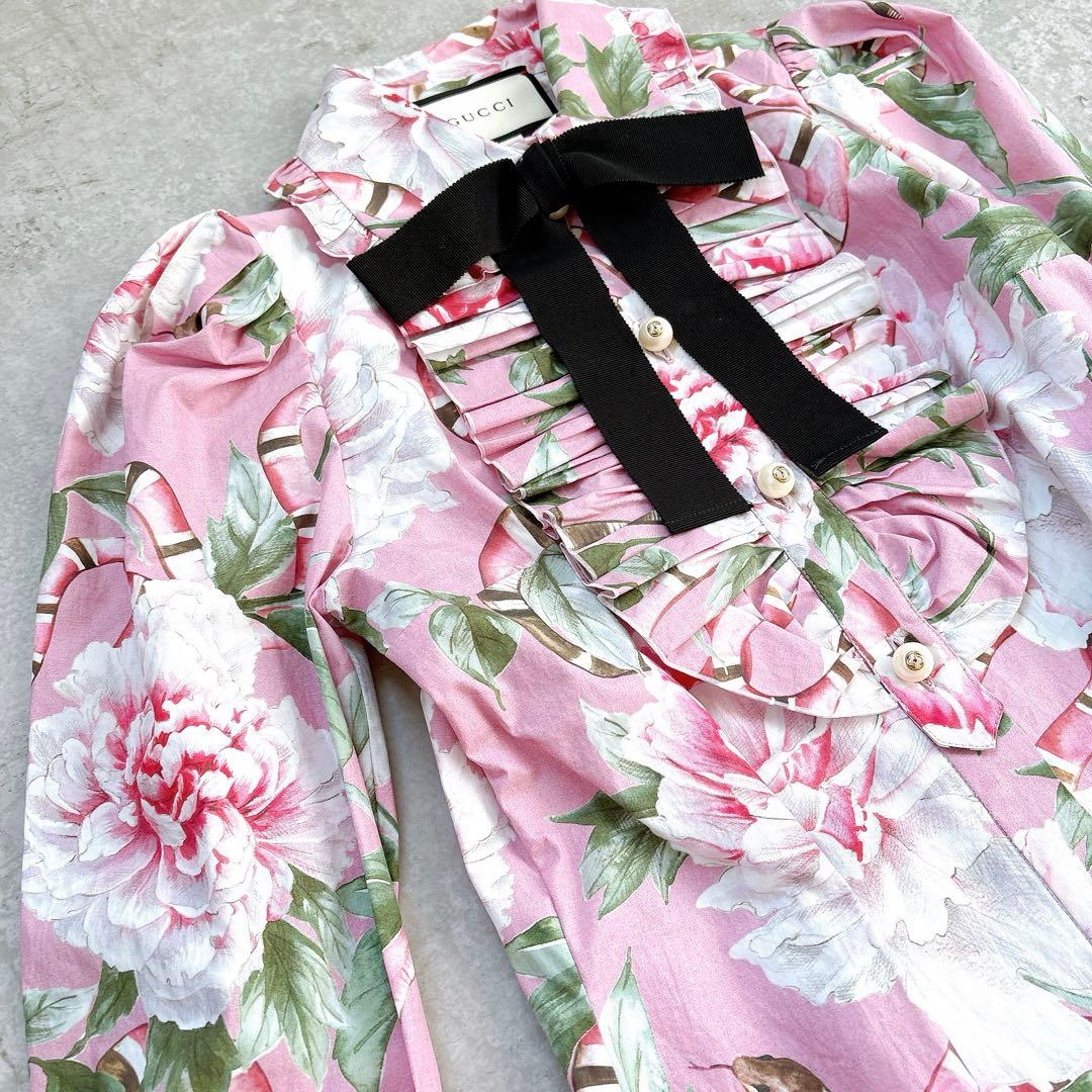美品✨GUCCI 花柄×スネーク　フリル　リボンシャツワンピース　ミニ　ブラウス