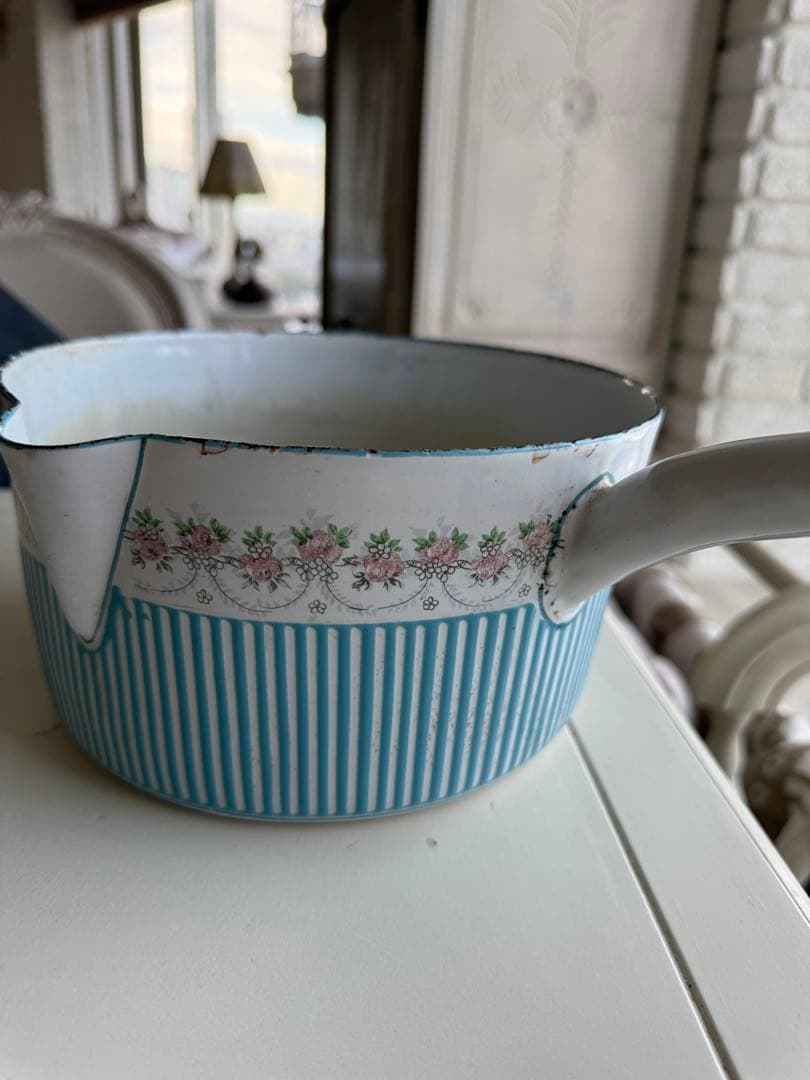 フランスアンティークBB社ローズガーランドホーロー片手鍋