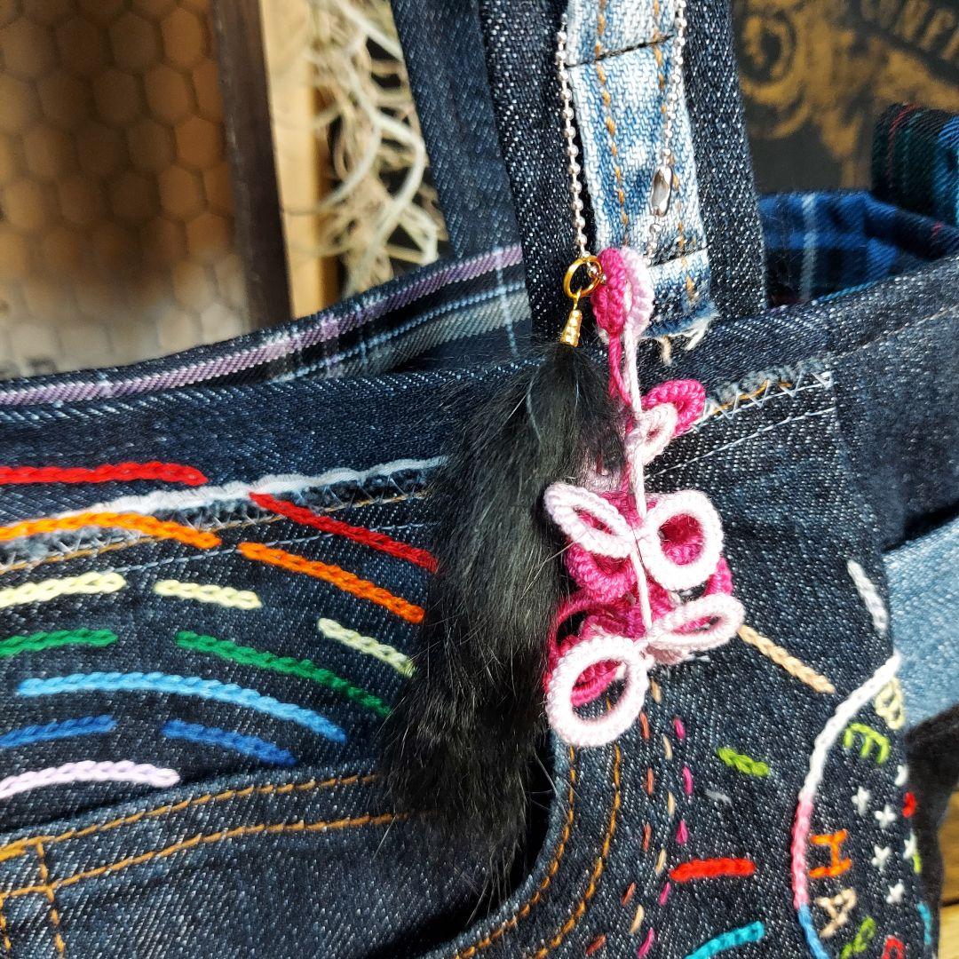 刺繍デニムバック　No.638　デニムリメイク　チューリップバック　刺繍バック