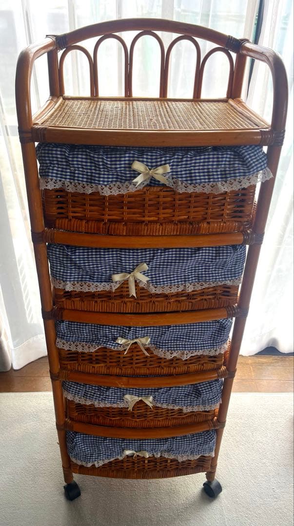 ラタン 5段バスケット収納 昭和レトロ 藤 布カバー付 ナチュラル ヴィンテージ