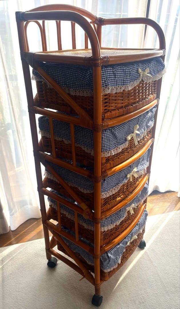 ラタン 5段バスケット収納 昭和レトロ 藤 布カバー付 ナチュラル ヴィンテージ