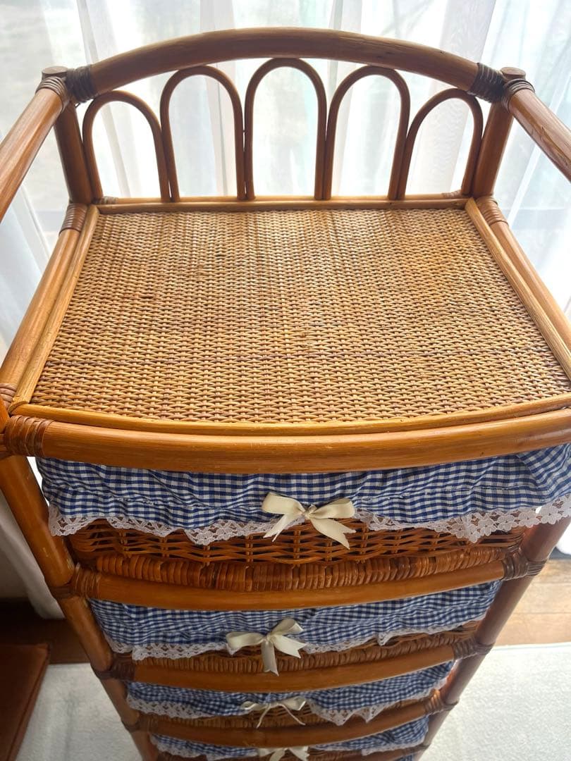 ラタン 5段バスケット収納 昭和レトロ 藤 布カバー付 ナチュラル ヴィンテージ