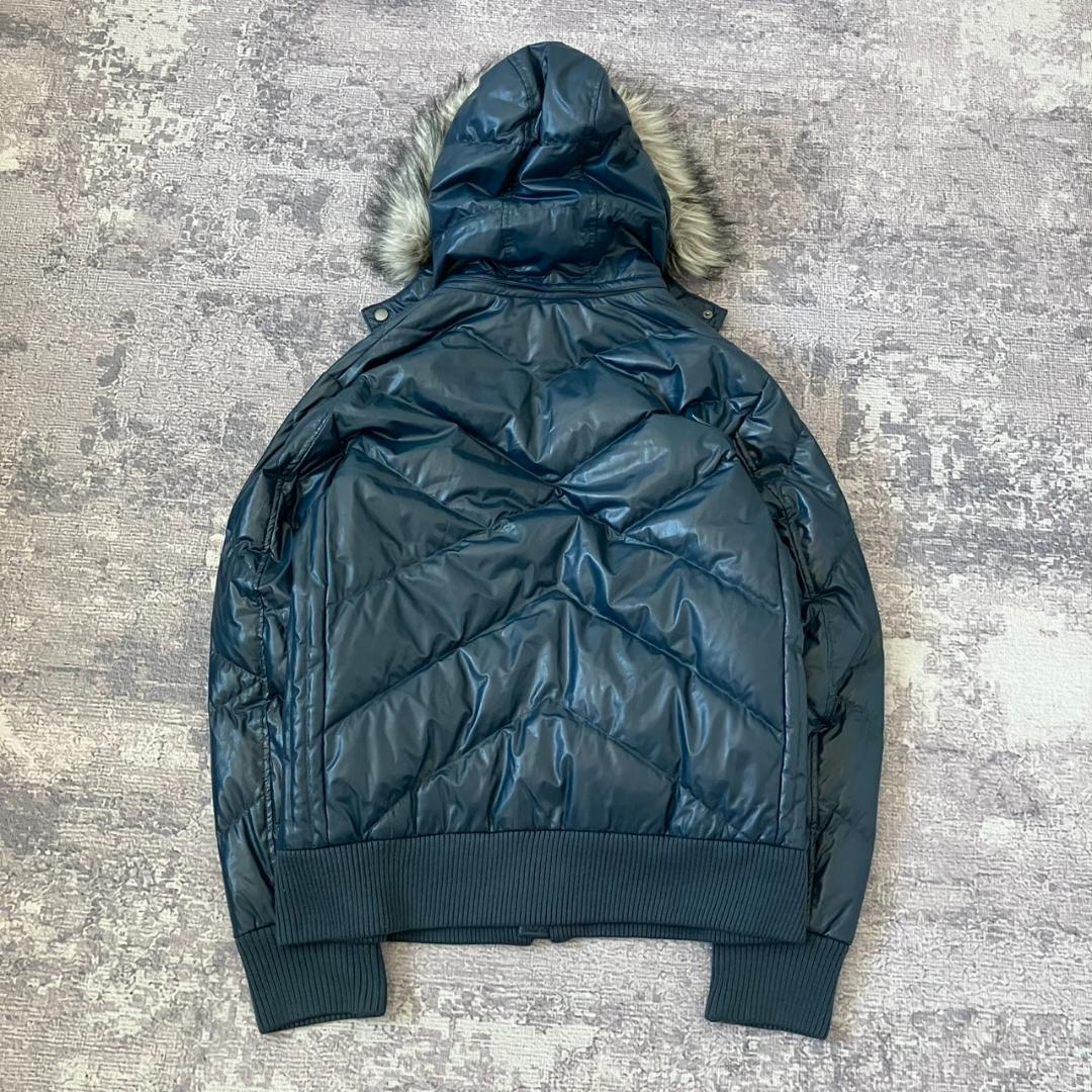 【Y2K】オールドユニクロ ダウンジャケット フェイクレザー 光沢 ファー 紺