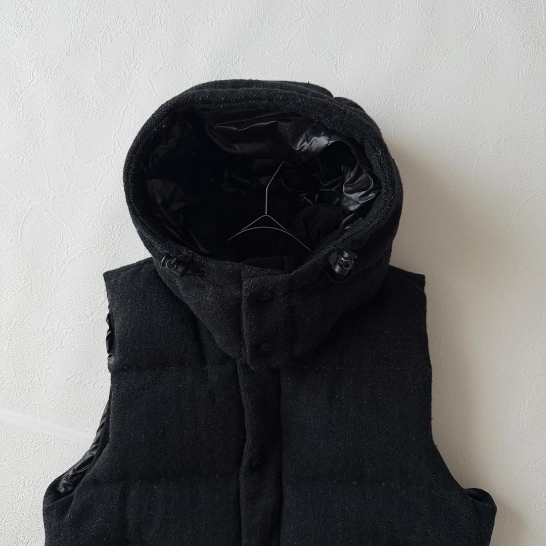 ナノユニバース 西川 ダウンベスト L フード ストライプ ブラック ウール