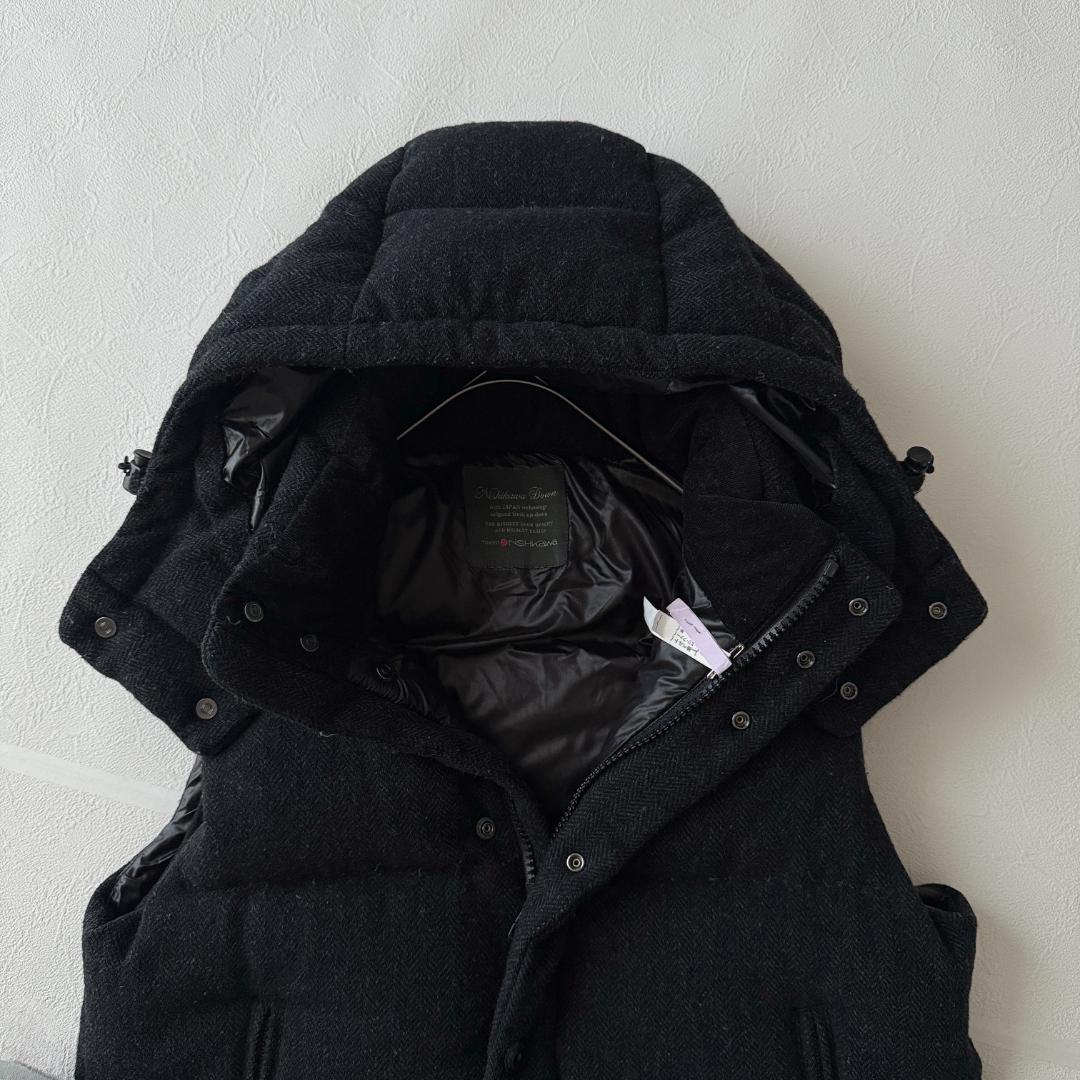 ナノユニバース 西川 ダウンベスト L フード ストライプ ブラック ウール