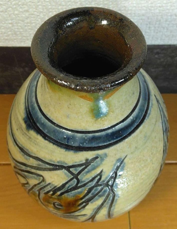 人間国宝 金城次郎 海老魚紋花瓶 栞 共箱 壺屋焼 壷屋焼 やちむん 上作花瓶