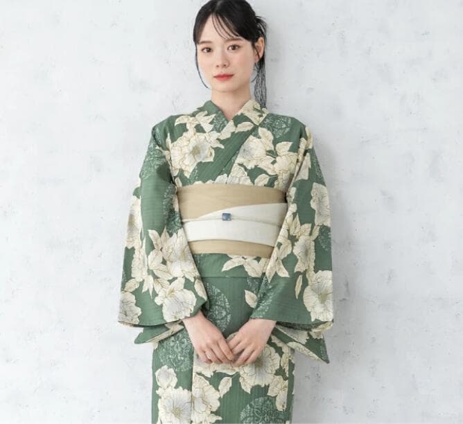 プチサイズS◆ノー皺加工最高級クールパス◆翡翠緑の花古典浴衣140～155cm向