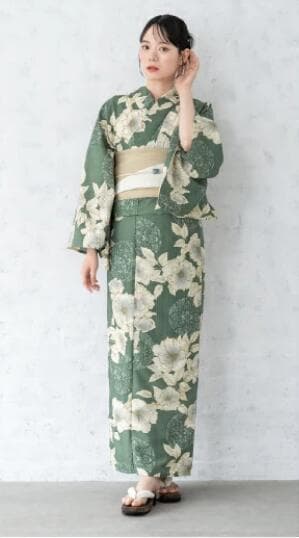 プチサイズS◆ノー皺加工最高級クールパス◆翡翠緑の花古典浴衣140～155cm向