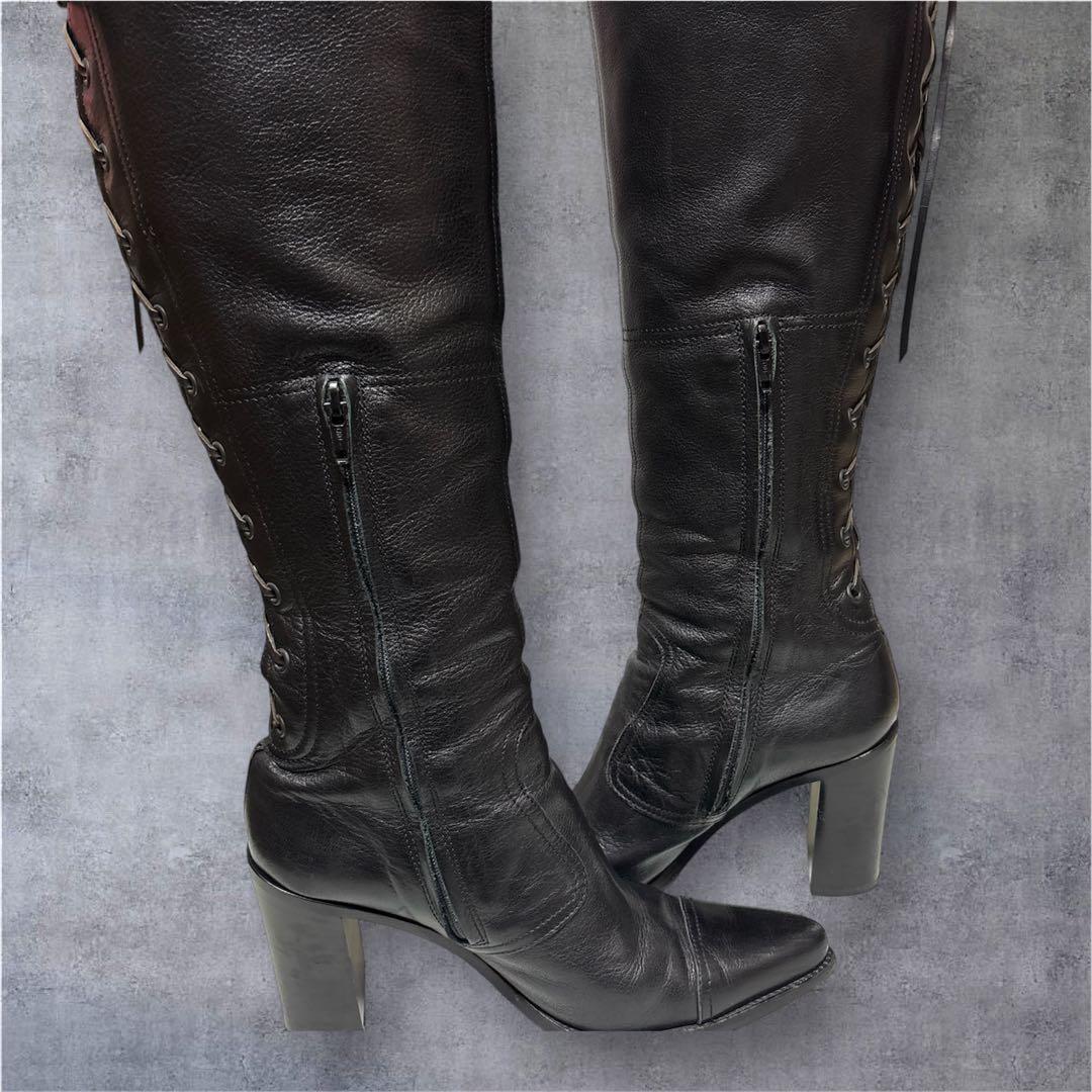 希少サイズ❣️23.5MIU MIU ロングブーツ 黒 本革 美脚ライン✨