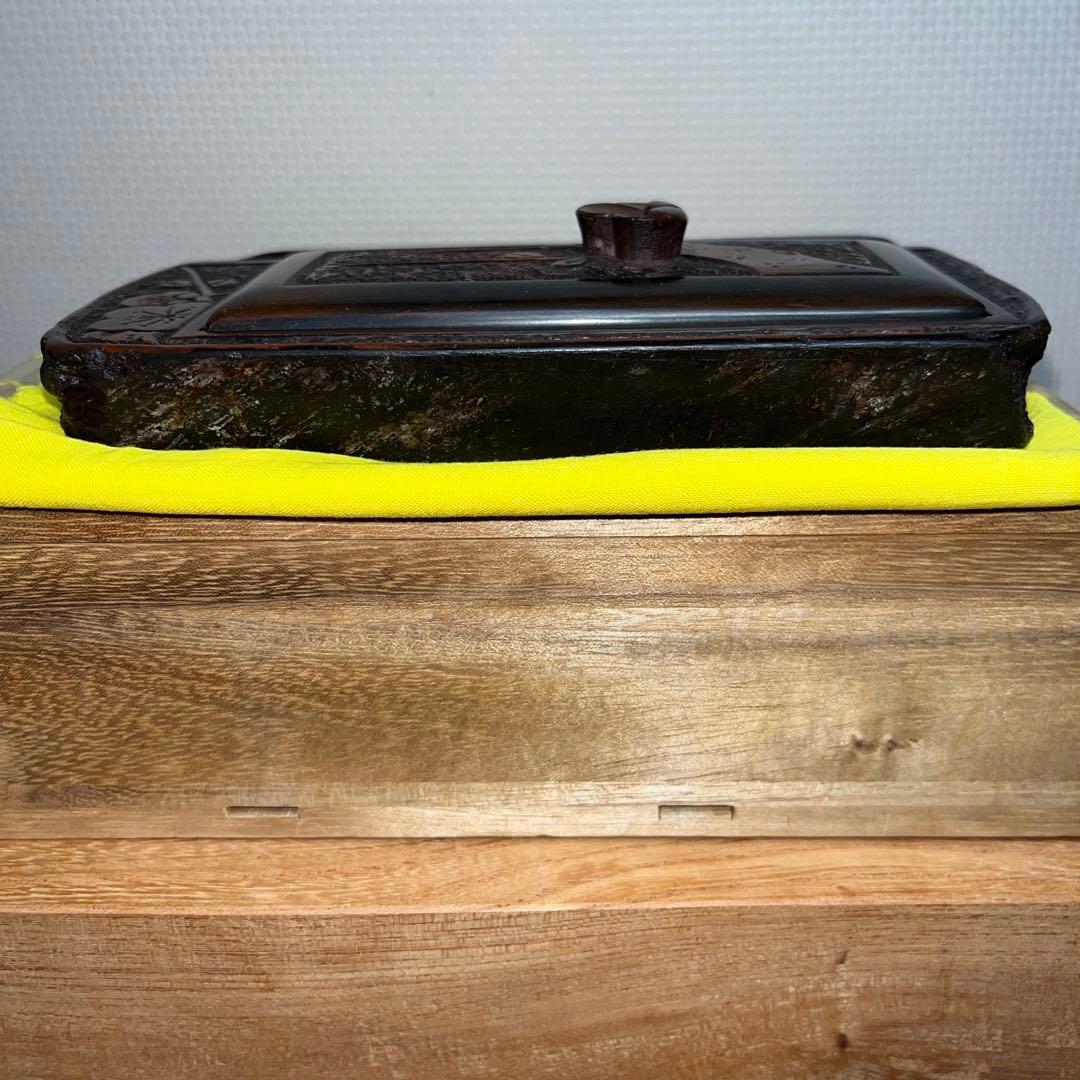 ⭕️赤間硯　共蓋付梅花彫刻硯　阿野硯製作所　龍泉作　美品　墨持ち良い