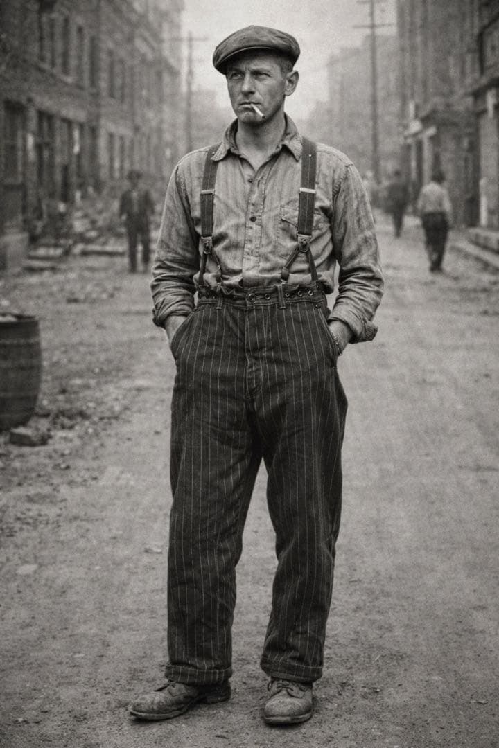 40s復刻　ワークパンツ　シンチバック　ヒッコリー　ブラウン　アメカジ