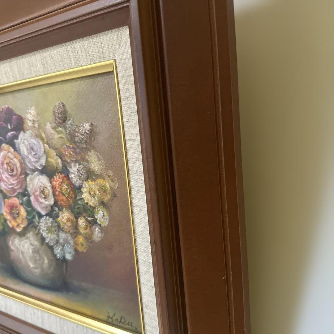 肉筆　真作　絵画　花瓶の薔薇の油彩画　美術品　ア-ト　インテリア　静物画