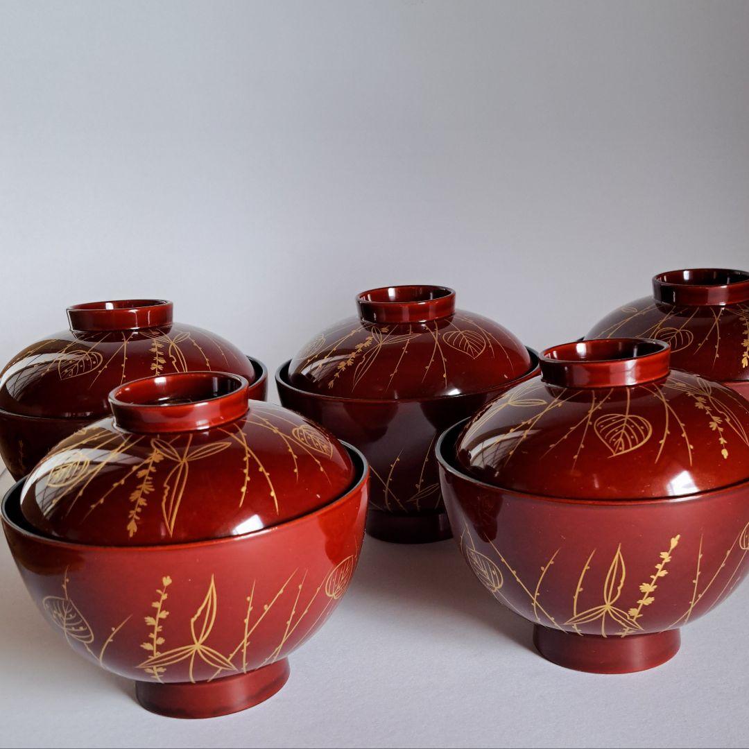 【美術品】吸物椀　輪島塗　蒔絵　五客組　静寛　共箱　加賀市　山中塗　懐石　漆器