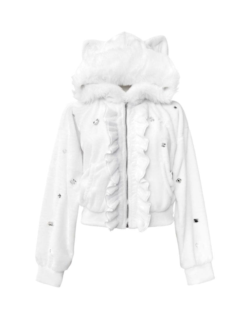 ミシェルマカロンmichell macaronビジュー付き猫耳もこもこパーカー