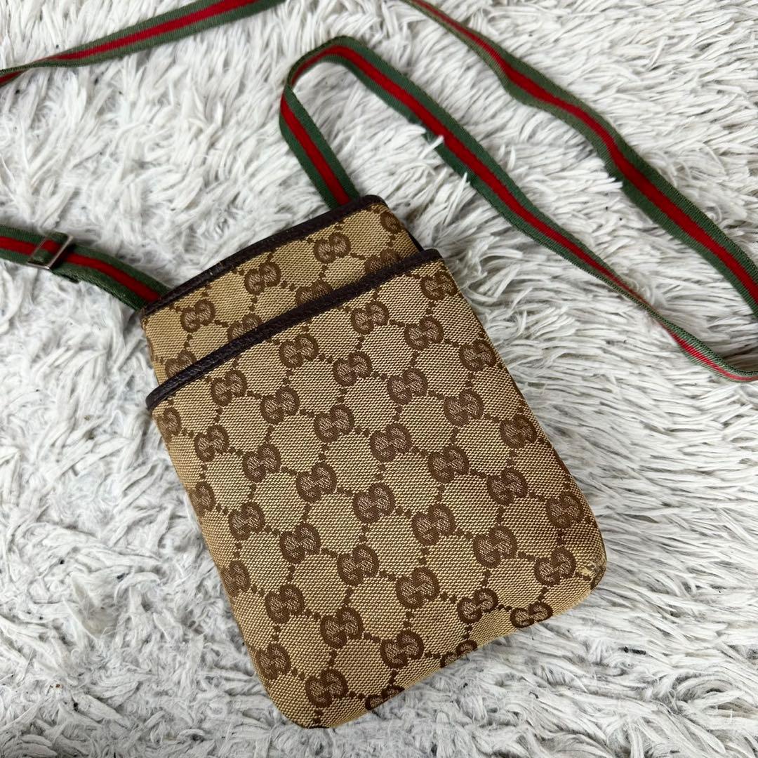 美品 グッチ キャンバス レザー ショルダーバッグ GG シェリーライン 茶