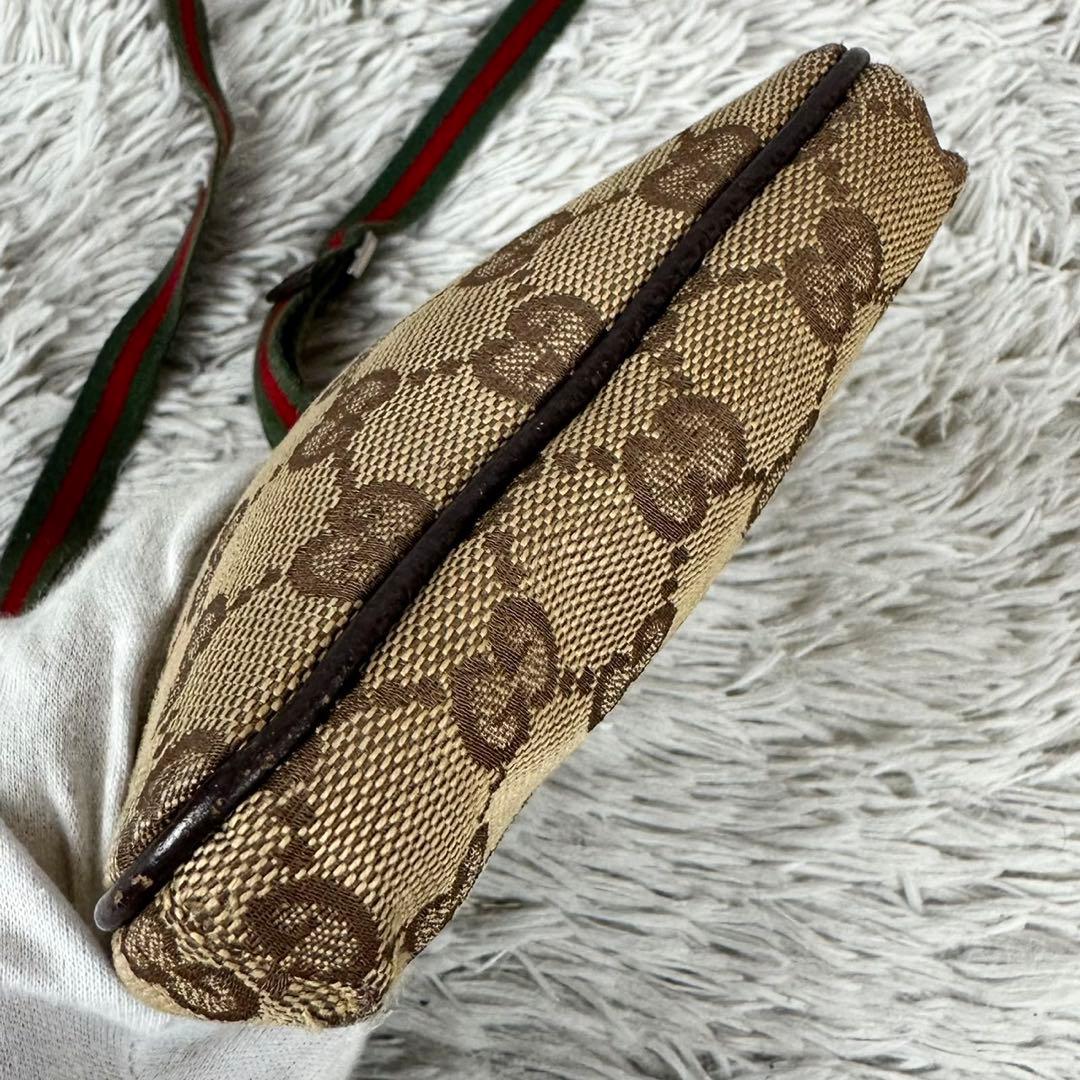 美品 グッチ キャンバス レザー ショルダーバッグ GG シェリーライン 茶