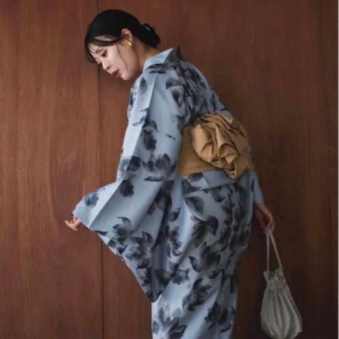 青色花柄浴衣・帯・巾着セット