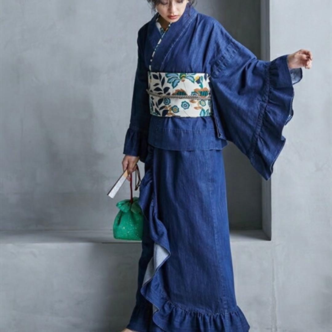 浴衣　二部式　作り帯ち付き　デニム　ネイビー　L〜LL