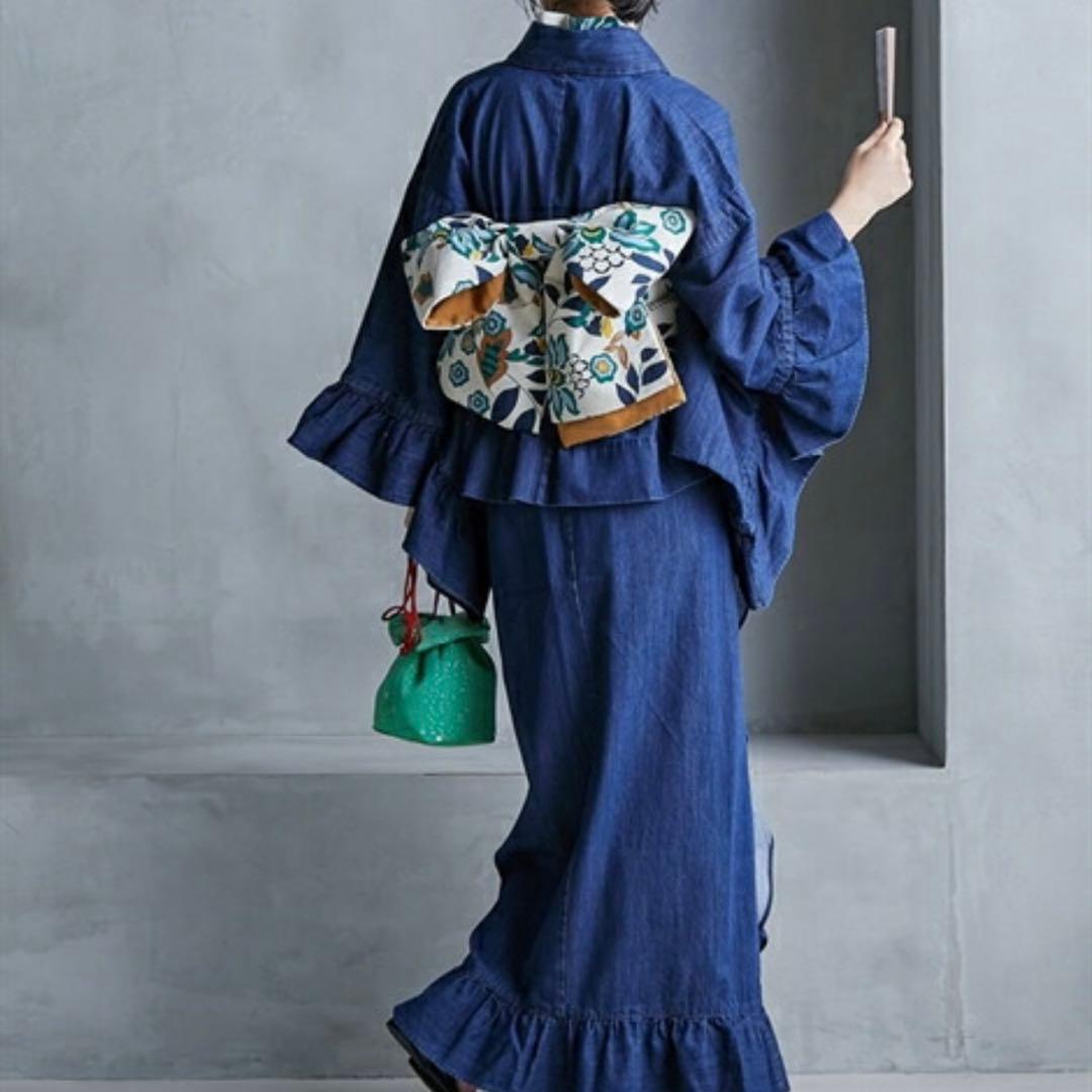 浴衣　二部式　作り帯ち付き　デニム　ネイビー　L〜LL