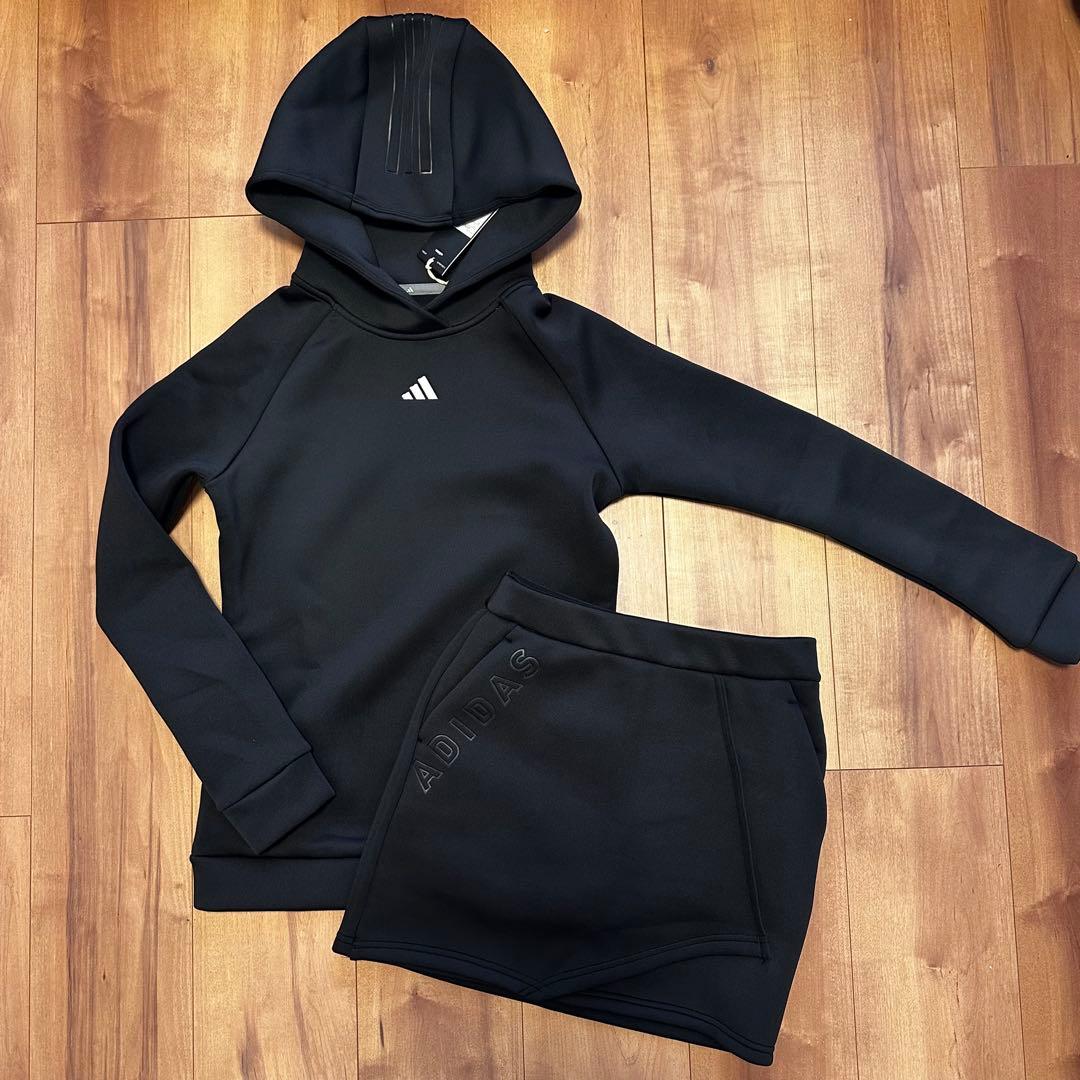 ダンボールニット セットアップ　長袖　フード　スカート　春秋　パーカー　ブラック