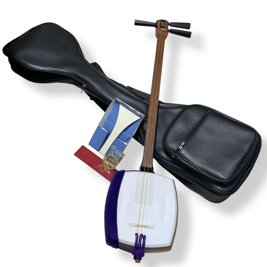 【美品✨】津軽三味線　太棹　人工皮　丸打胴　ソフトケース　撥