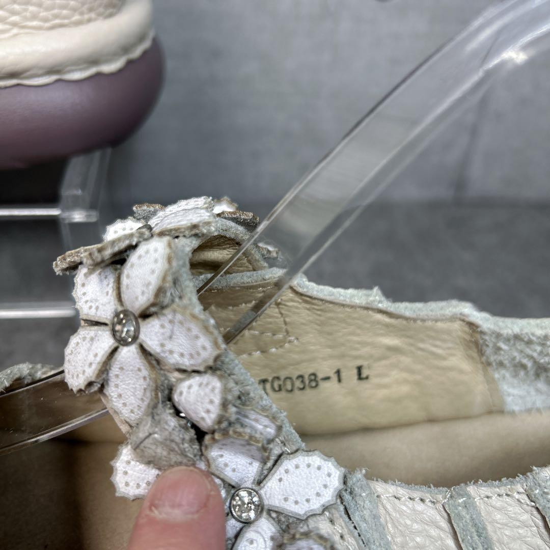 極美品【エスタシオン】お花 レザーメリージェーン/厚底/フラワー/ビジュー/幅広