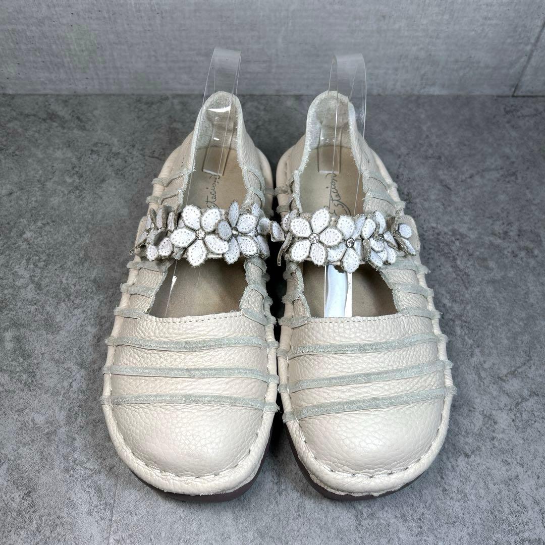 極美品【エスタシオン】お花 レザーメリージェーン/厚底/フラワー/ビジュー/幅広