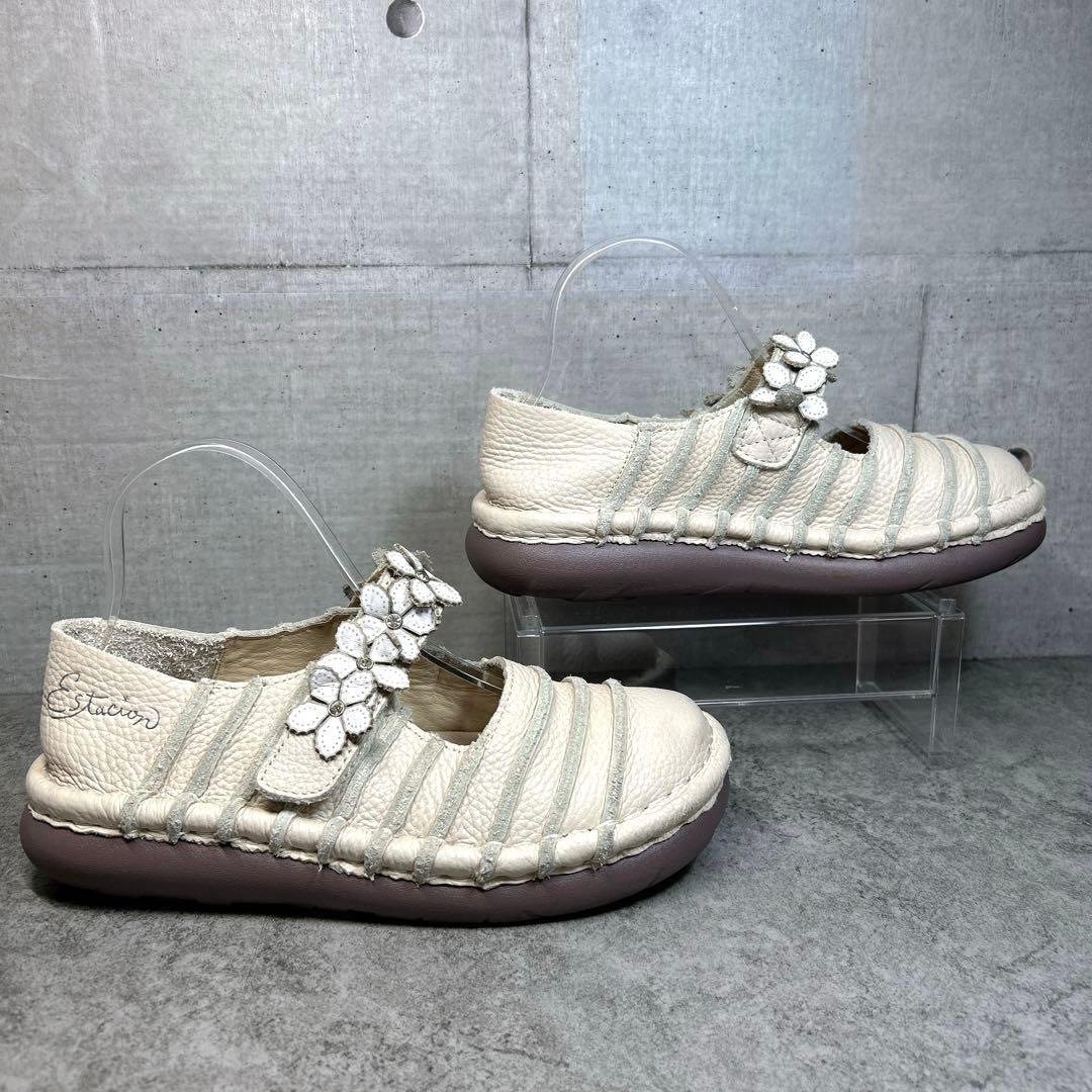 極美品【エスタシオン】お花 レザーメリージェーン/厚底/フラワー/ビジュー/幅広