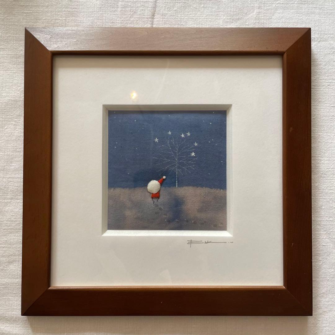 植田莫　さん　サンタと星の木 染め、刺繍アート 絵画 約20cm x 20cm