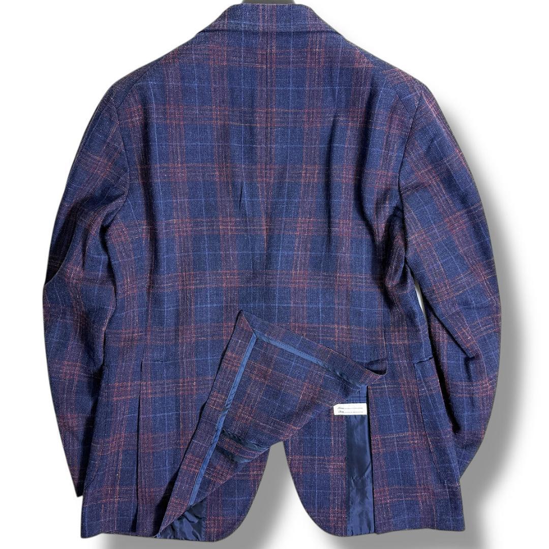 J7419 美品 タリアトーレ シルクリネンチェック柄ジャケット 紺 48
