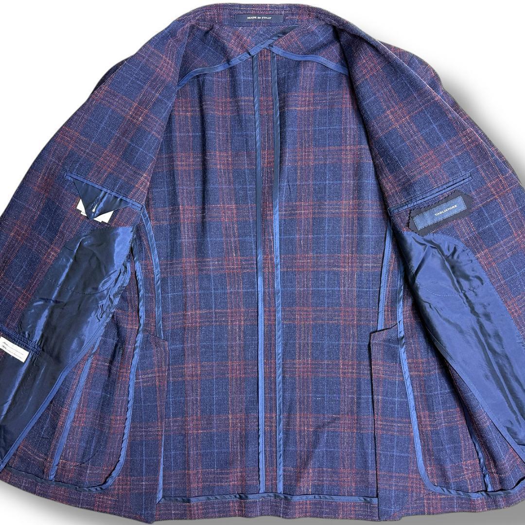 J7419 美品 タリアトーレ シルクリネンチェック柄ジャケット 紺 48