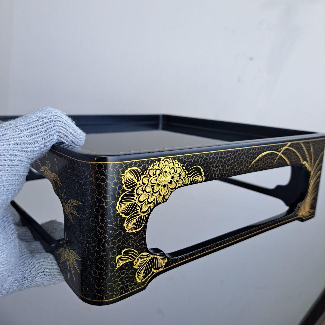 専用品【輪島塗　7.5寸\"2段重箱&重箱台】布着本堅地　沈金\"四君子　未使用品