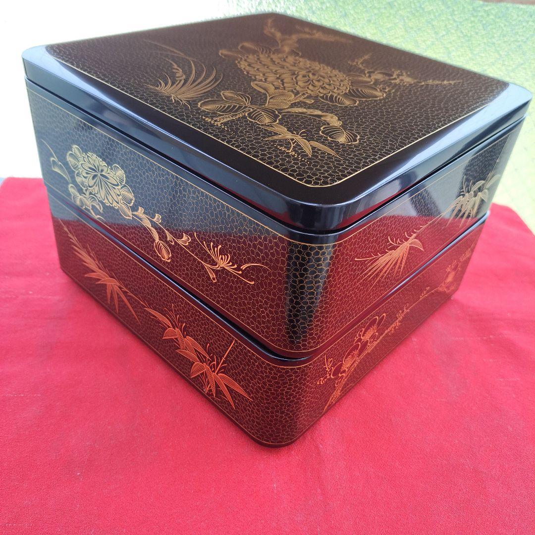 専用品【輪島塗　7.5寸\"2段重箱&重箱台】布着本堅地　沈金\"四君子　未使用品